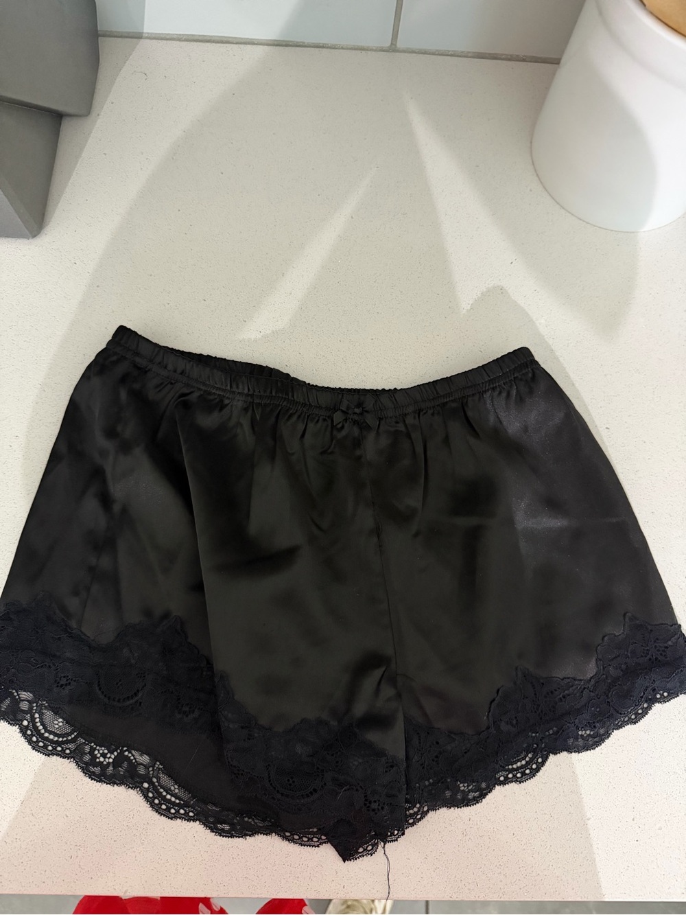 Black Satin Lace-Trim Shorts
